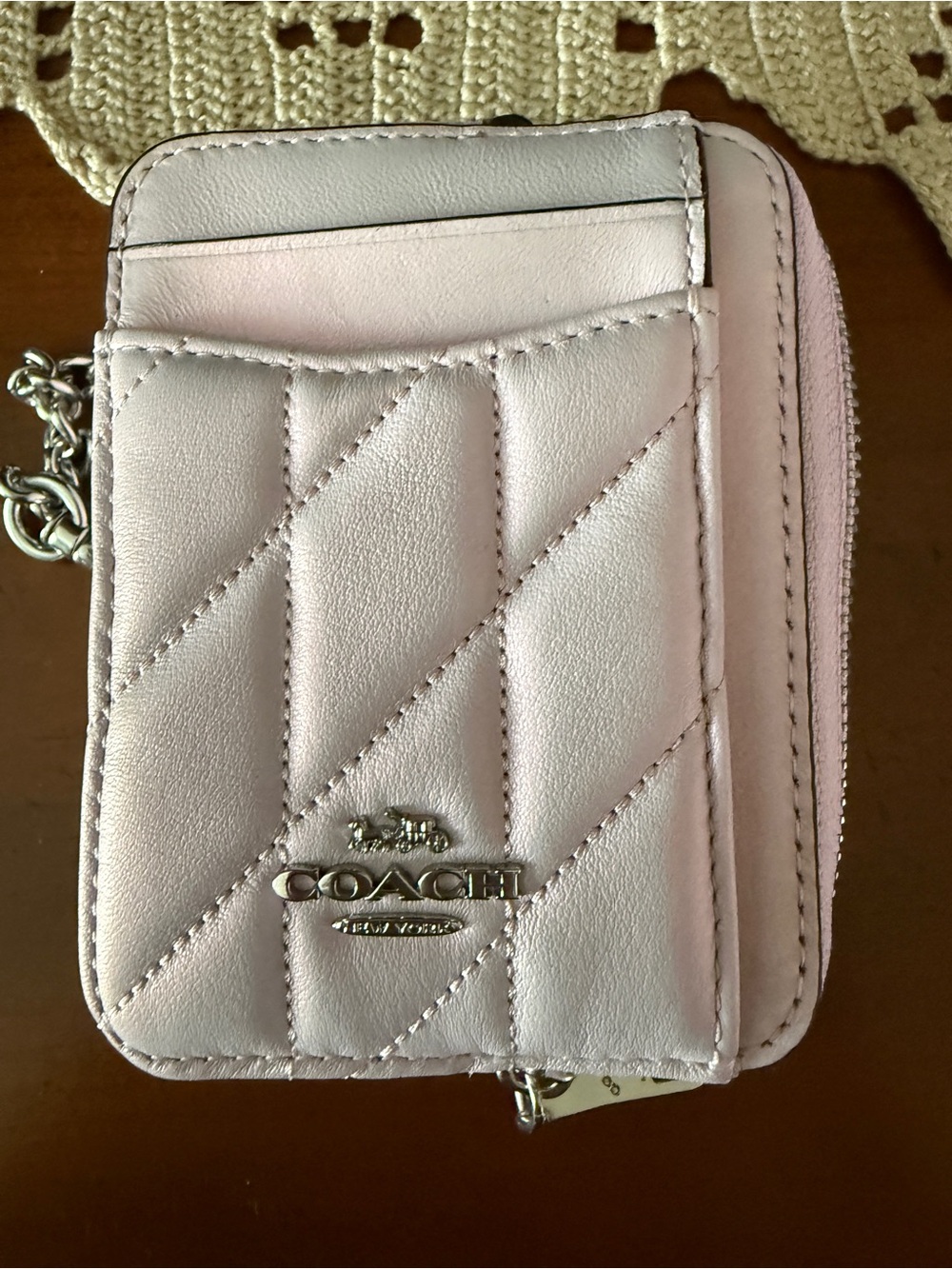 Coach Quilted Card Wallet - pearlized Light Pink with Silver Hardware